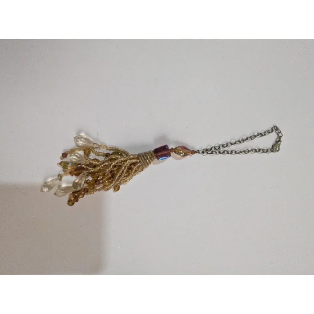 Gold Amber Beaded Tassel‎ Bag Charm Keychain Boho Teardrop Accents 5 Inch